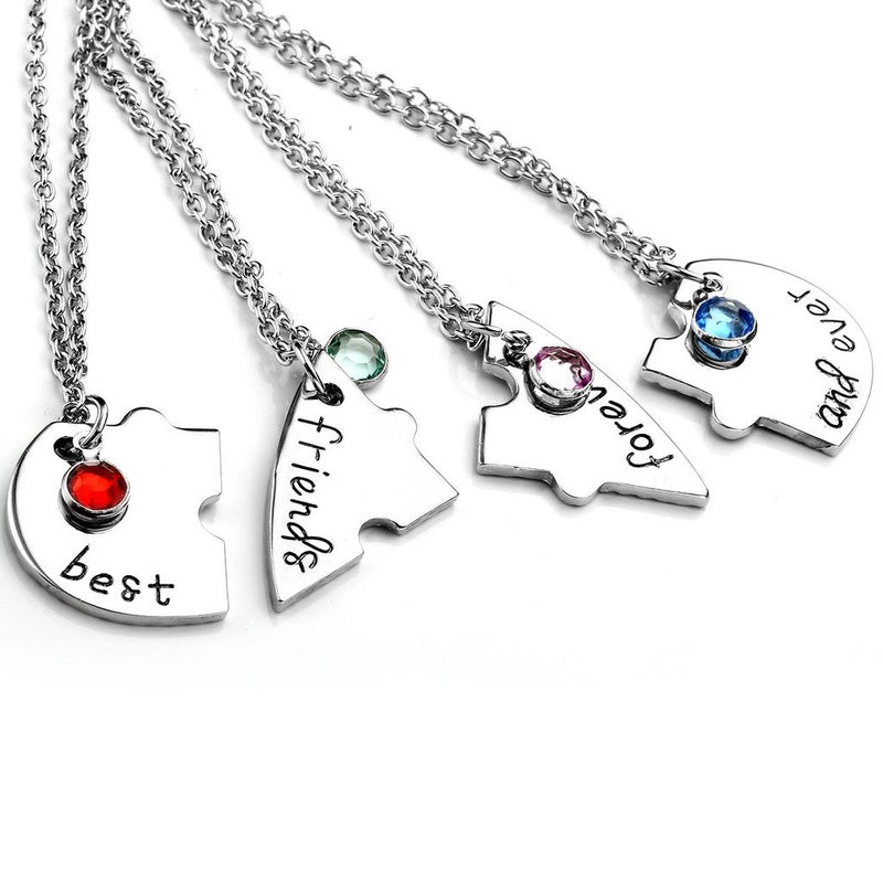 Top Plaza Silver Tone Alloy Rhinestone Best Friends Forever and Ever BFF Necklace Engraved Puzzle Friendship Pendant Necklaces Set(Set of 4) - Image 5